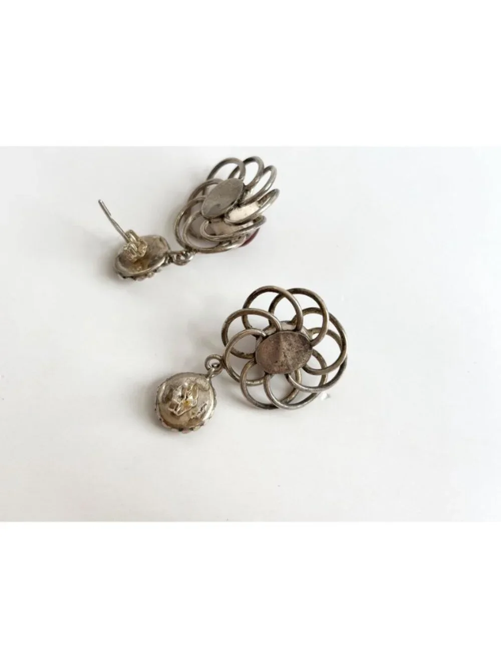 Carnelian Accented Scalloped Vintage Sterling Silver 925 Drop Southwest Earrings